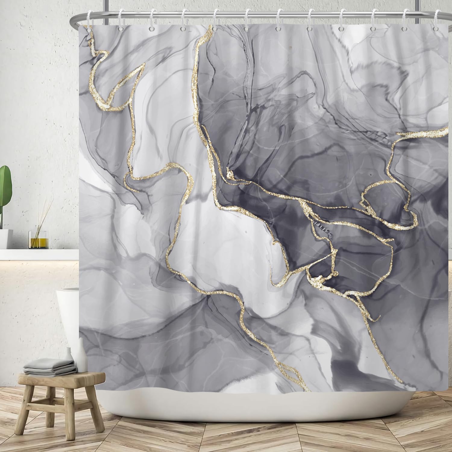 ASDCXZ Marble Shower Curtain 240x180 cm, Modern Abstract Grey Gold White Marble Optic Texture Washable Bath Shower Curtains Polyester Textile Waterproof Shower Curtain for Bathtub with 12 Hooks — image 1