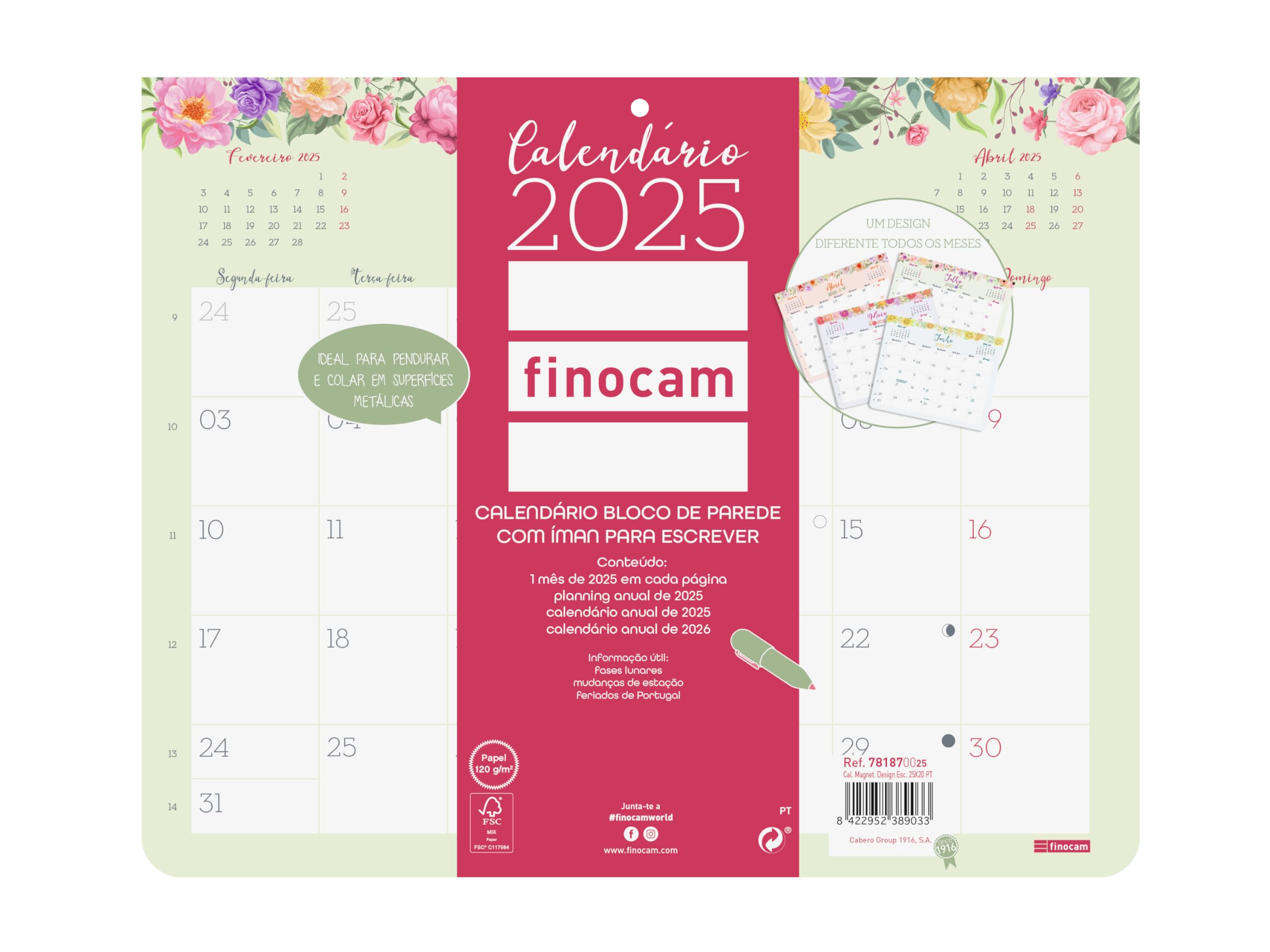 Finocam - Calendar Bloc Design Wall with Magnet to Write 2025 Month View January 2025 - December 2025 (12 months) Portuguese