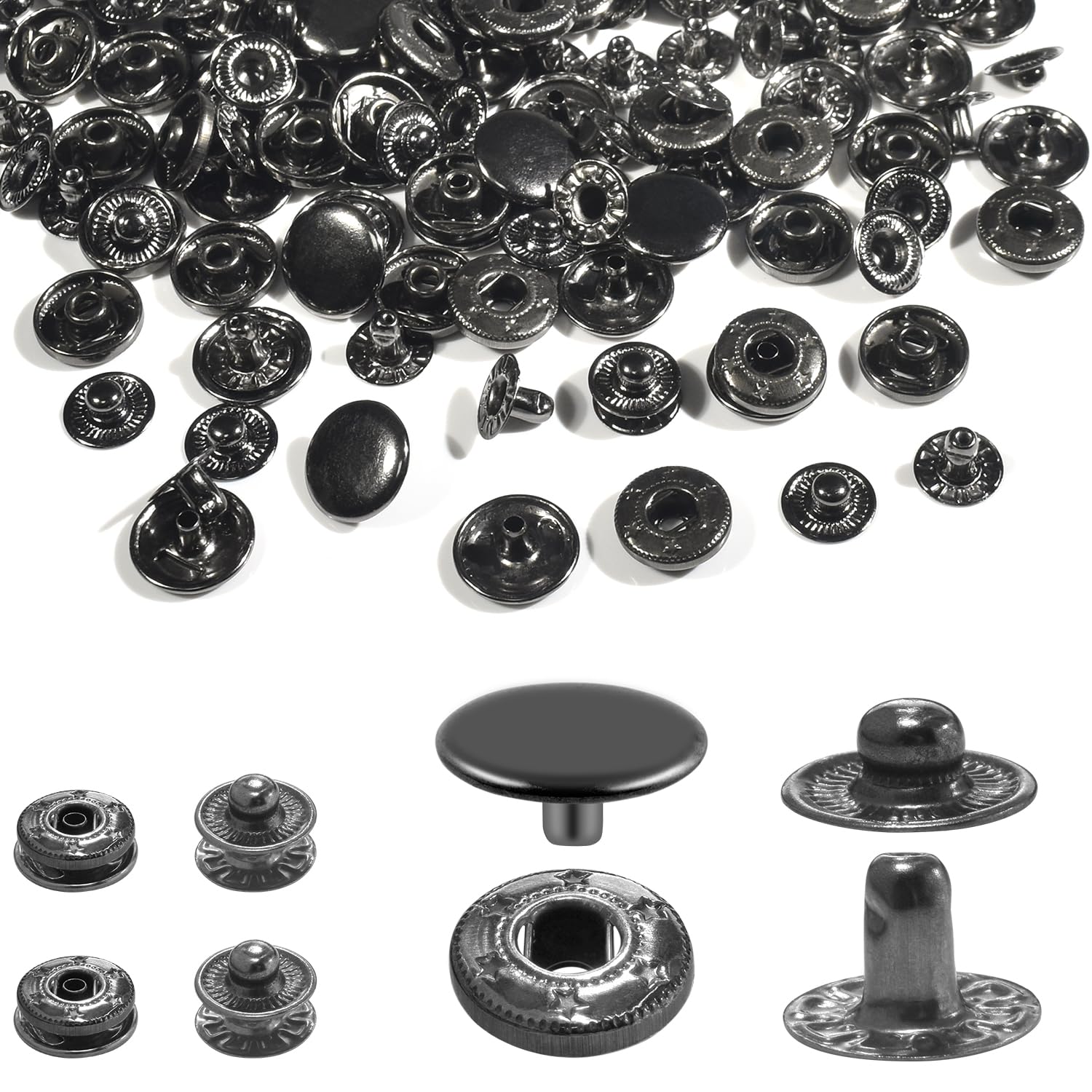 Photo 1 of 50Sets Snap Button Kit, 12mm Leather Snaps Fasteners, Metal Button Press Studs for Fabric Leather Bag Clothes Jackets Bracelets DIY for Sewing Accessories (Black)