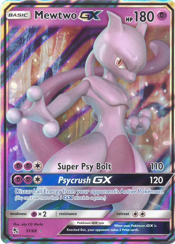 Pokemon Hidden Fates Mewtwo-GX - 31/68 Trading Card, 1.0 unit, Ungraded, Unisex Kid Theme, TCG Graded