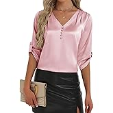 2026 Womens 3/4 Sleeve Shirts Dressy Casual Tops Pleated Satin Silk Business Blouses