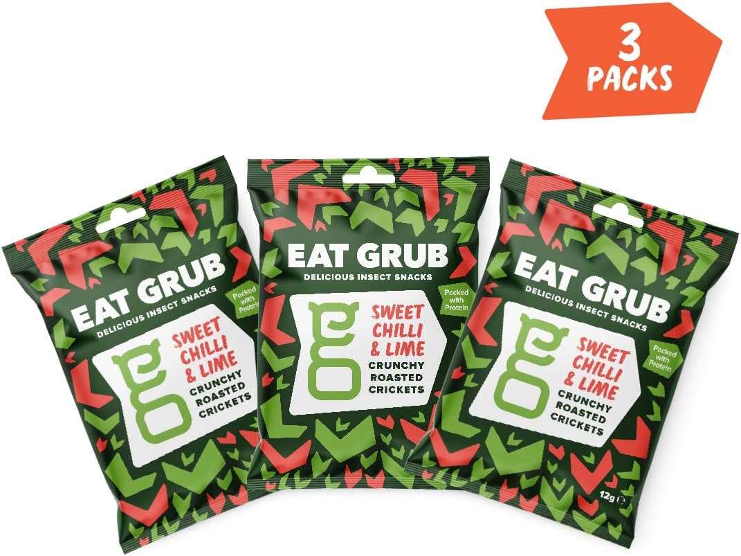 Eat Grub: Crunchy Roasted Crickets: Mixed 3 Pack (36 Grams) - Sweet Chilli, Peri-Peri, Smoky BBQ - Edible Insects Jerky Biltong Pork Crackling (Sweet Chilli & Lime)