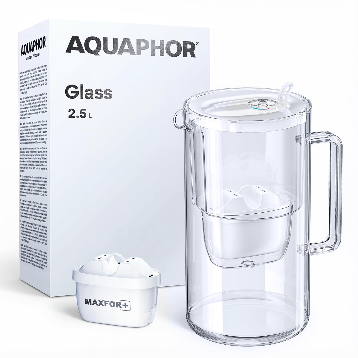 AQUAPHOR Glass White Water Filter Jug - Take to Table Premium Glass Design Jug with Easy-Fill Flip-Open Lid, 2.5L Capacity, 1 X MAXFOR+ Filter Included, Reduces Limescale, Chlorine & Microplastics.