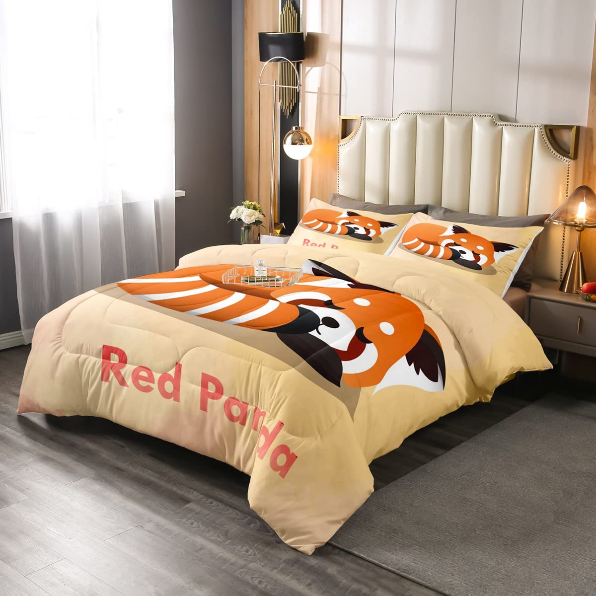 Panda Comforter Set for Girls Boys Teens 3D Panda Bedding Set Cute Red Panda Down Comforter Animal Funny Orange Yellow 2Pcs Bedding Single