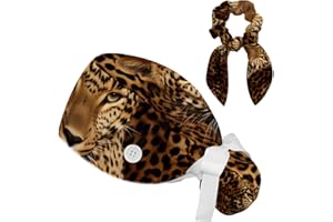 FVQL 1 Pack Surgical Cap with Hair Scrunchy, Scrub Hat Ponytail Holder for Women, Animal Leopard Print Patterns