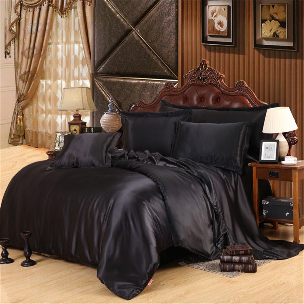 Lotus Karen Satin Silky Bedding Comforter Duvet Cover Fitted Sheet Pillowcases Set - Luxury Ultra Soft Solid Imitated Silk Bedding Set
