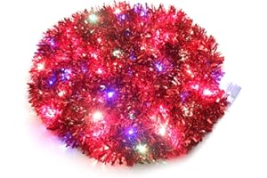 CCINEE Christmas Tinsel Garland, 33 Ft Red Garland with 100 Multicolored Battery Operated LED String Lights for Christmas Tree Decoration Wedding Party Supplies