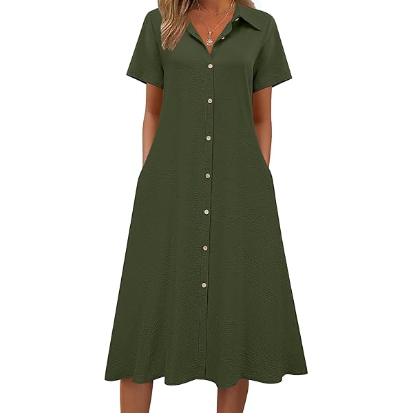 Women Linen Midi Shirt Dress Short Sleeve V Neck Tunic Shirtwaist Midi  Dresses Button Loose Fit Casual Summer Ruffle Hem Shift Shirt Dress Blue at  Amazon Women's Clothing store