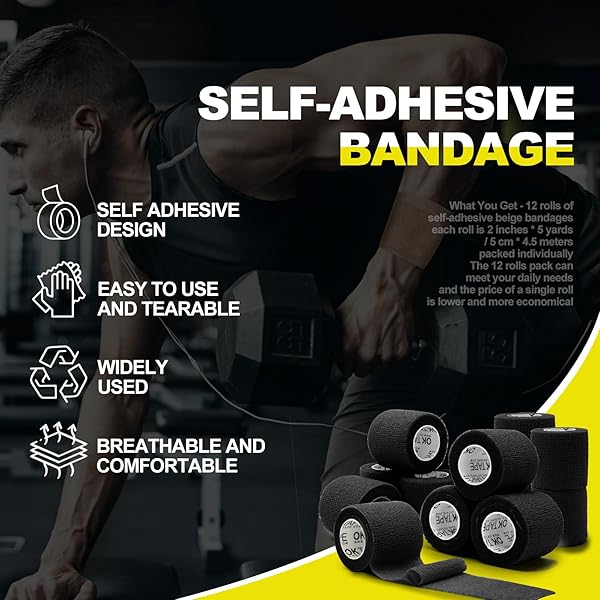 OK TAPE 12 ROLLS SELF ADHESIVE BANDAGE WRAP, ELASTIC ATHLETIC TAPE, SELF STICK BANDAGE TAPE, VET WRAP, MEDICAL WRAP FOR WRIST, FEET, 2″ X 5 YARDS – BLACK