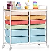 TOOLF 12 Drawers Rolling Storage Cart with Wooden Top for Classroom,Rainbow | Teacher Cart Craft Art Supply Organizer, Utilit