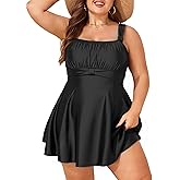 Smismivo Plus Size Swim Dress Tummy Control One Piece Swimsuit Swimdress Built in Shorts Bathing Suit Square Neck Swimwear