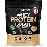 LiveGood Whey Protein Isolate with Colostrum | 20g Grass-Fed Protein with 9 Essential Amino Acids &amp; Digestive Enzymes | Chocolate Protein Powder