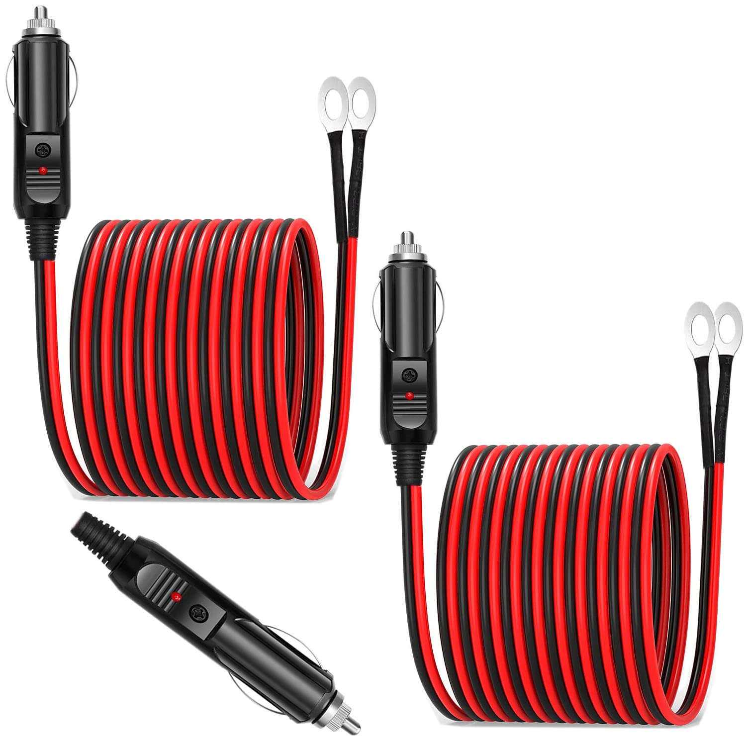 3-Pack Car Cigarette Lighter Male Plug with Leads, 12V-24V Universal Car Cigarette Lighter with LED Lights, Cigar Female Socket Plug Extension CordFor Car inverter,Air pump,electric cup