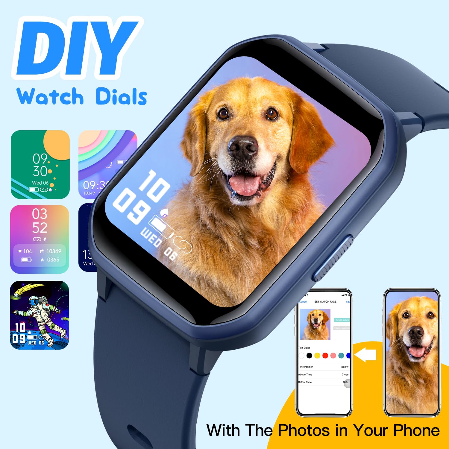 Kids Smart Watch for Boys,IP68 Waterproof Kids Fitness Tracker Watch with 1.5 Inch DIY Face,Heart Rate Sleep Monitor,19 Sport Modes,Calories Counter,Alarm Clock,Great Gifts for Children 6+ (Blue)