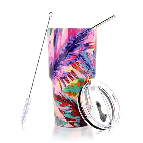 Comli 30oz Tumbler Stainless Steel Double Wall Vacuum Insulated Travel Mug With Lid and Straw Flamingo Cleaning Brush