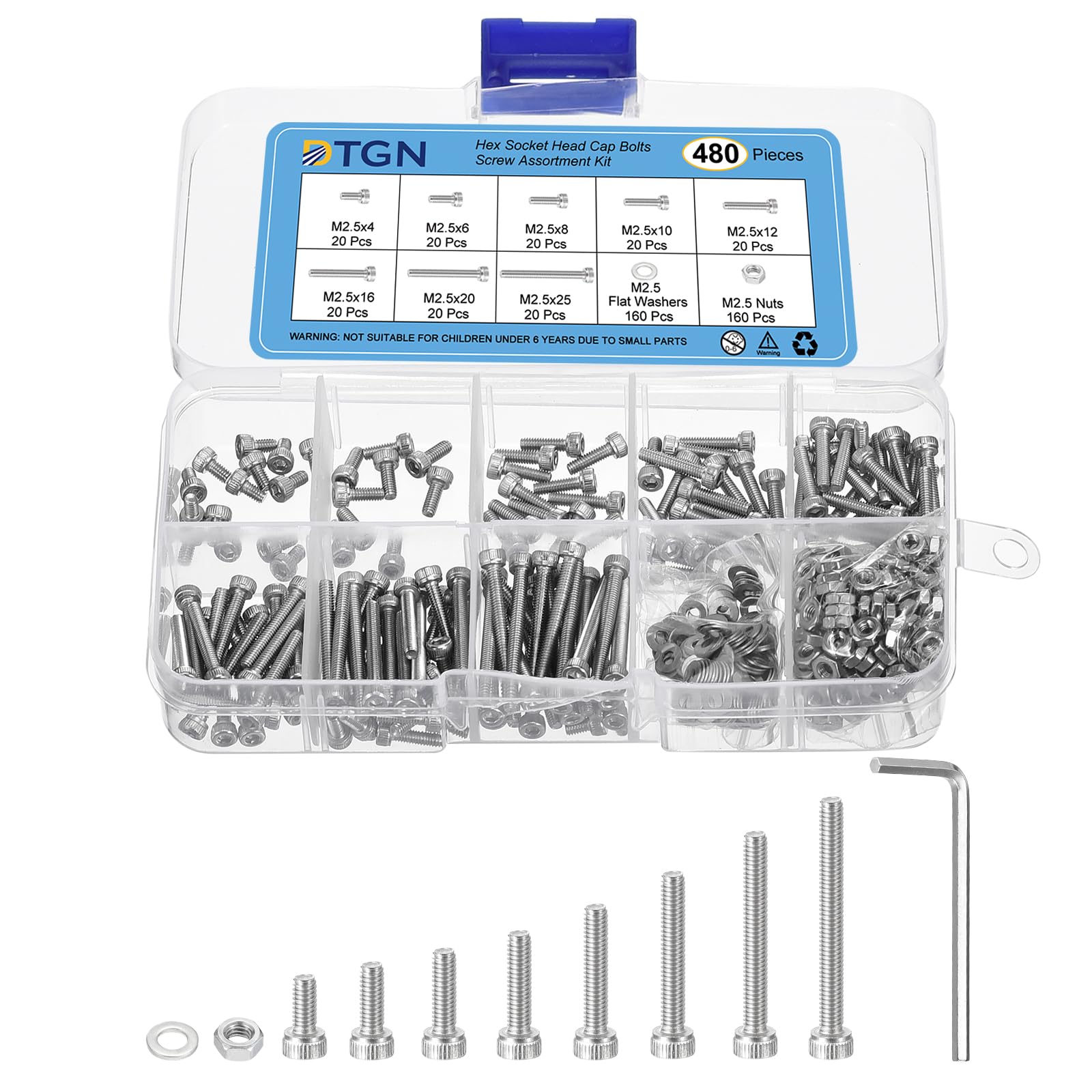 DTGN 480Pcs Metric Screw Assortment, M2.5 Bolts and Nuts Kit, 304 Stainless Steel M2.5x4/6/8/10/12/16/20/25mm Hex Socket Head Cap Screws Bolt Set with Washer & Wrench