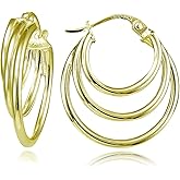 Hoops & Loops 925 Sterling Silver Triple Round Stacked Hoop Click-Top Earrings for Women, Silver, Yellow Gold & Rose Gold