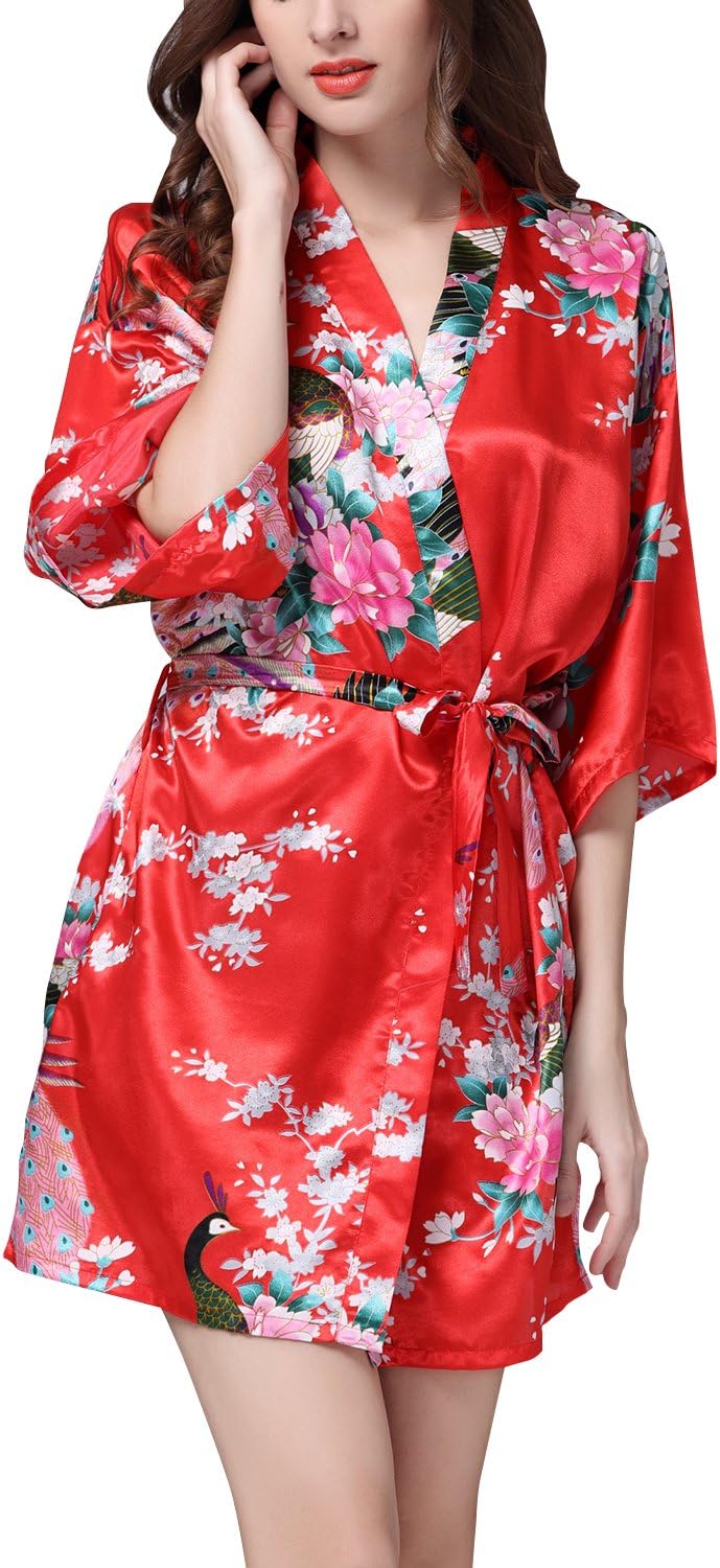 Women's Dressing Kimono Gown, Silk Satin Peacock and Blossoms Robe Bathrobe Bridesmaid Nightwear Pyjamas, Short Style, UK 8,10,12,16,14,18