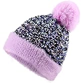 Homiton Women Sequin Knitted Beanie Hat with Faux Fur Pom-Pom Shiny Bling Skull Cap