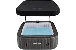 RELXTIME Inflatable Hot Tub 4-6 Person Black, Portable Outdoor Hottub Spa with 130 Air Jets, Built in Heater Pump, Blow Up Tub for Relaxation, 2 Filters, Square