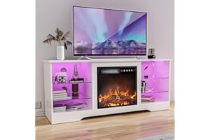 TAVATA Fireplace TV Stand with 18''Fireplace, Modern Entertainment Center for TVs up to 65 inch, Media TV Console with Adjustable Glass Shelves and Storage Cabinets(White)