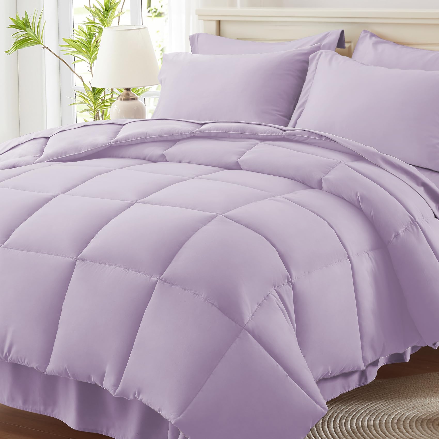 Anluoer King Comforter Set 7 Piece, Lavender Bed in a Bag with Sheets, Comforters King Size Bedding Sets with 1 Comforter, 2 Pillow Shams, 2 Pillowcases, 1 Flat Sheet,1 Fitted Sheet Image