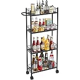 Utility Slim Storage Cart, 4-Tier Storage Cart, Narrow Cart with Handle, 7.1 Inches Deep, Metal Frame, for Kitchen, Dining Room, Living Room, Home Office, Rustic Brown and Classic (4 Tier Black)