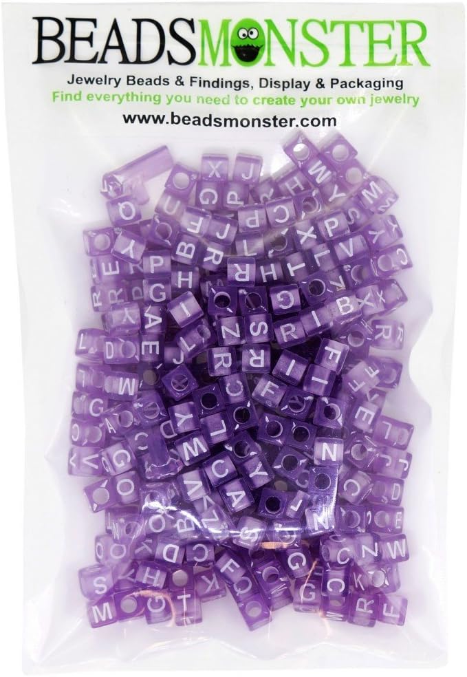 Randomly Mixed Transparent Acrylic Alphabet Beads, 6mm Cube, 3mm Hole, Purple with White Letter, 50g approx.300pcs