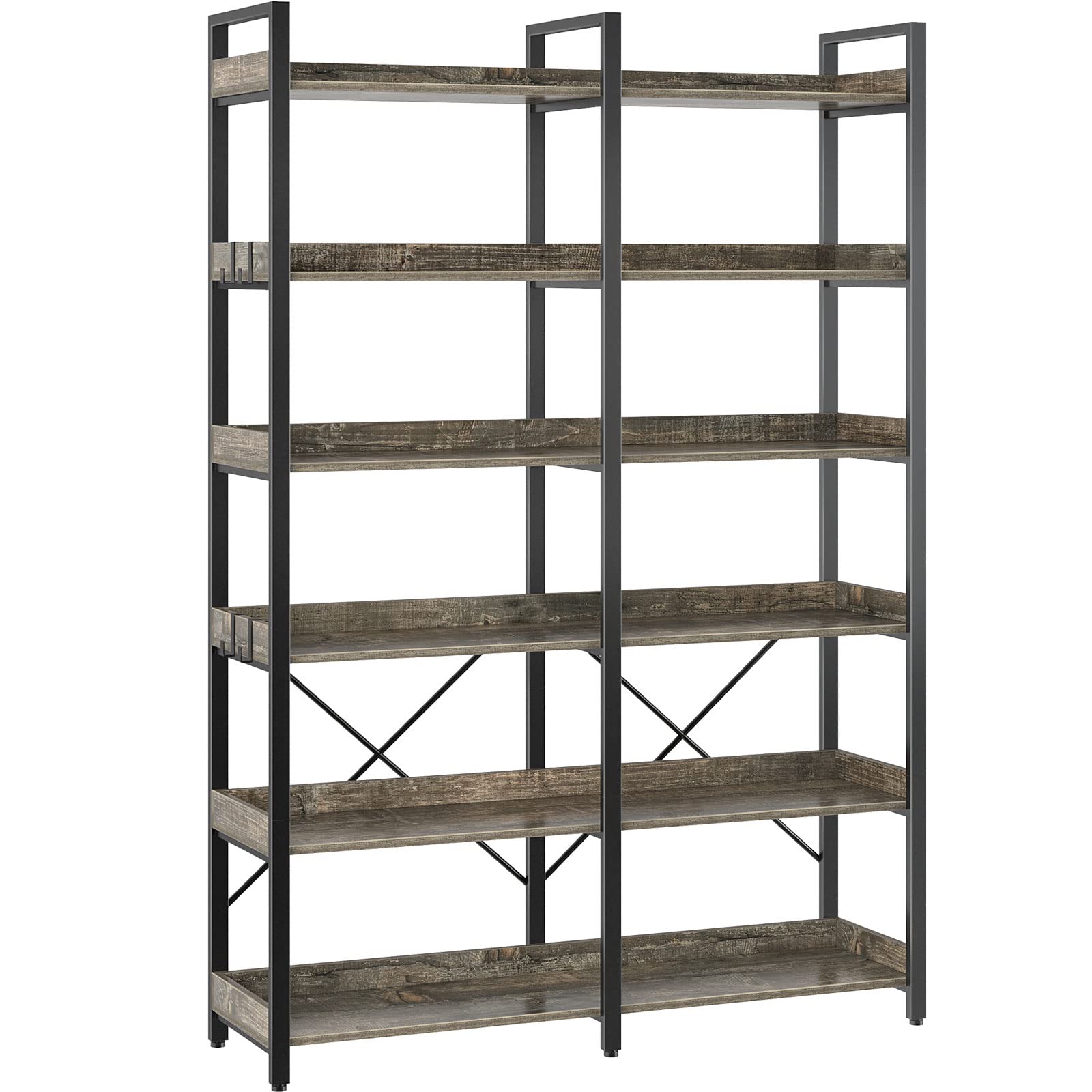 Seventable Bookshelf 6 Tier with 4 Hooks，67”Industrial Wooden Bookcase, Vintage Storage Rack with Open Shelves, Rustic Standing Bookshelves Metal Frame 43.3” Wide Display Rack, Gray Image
