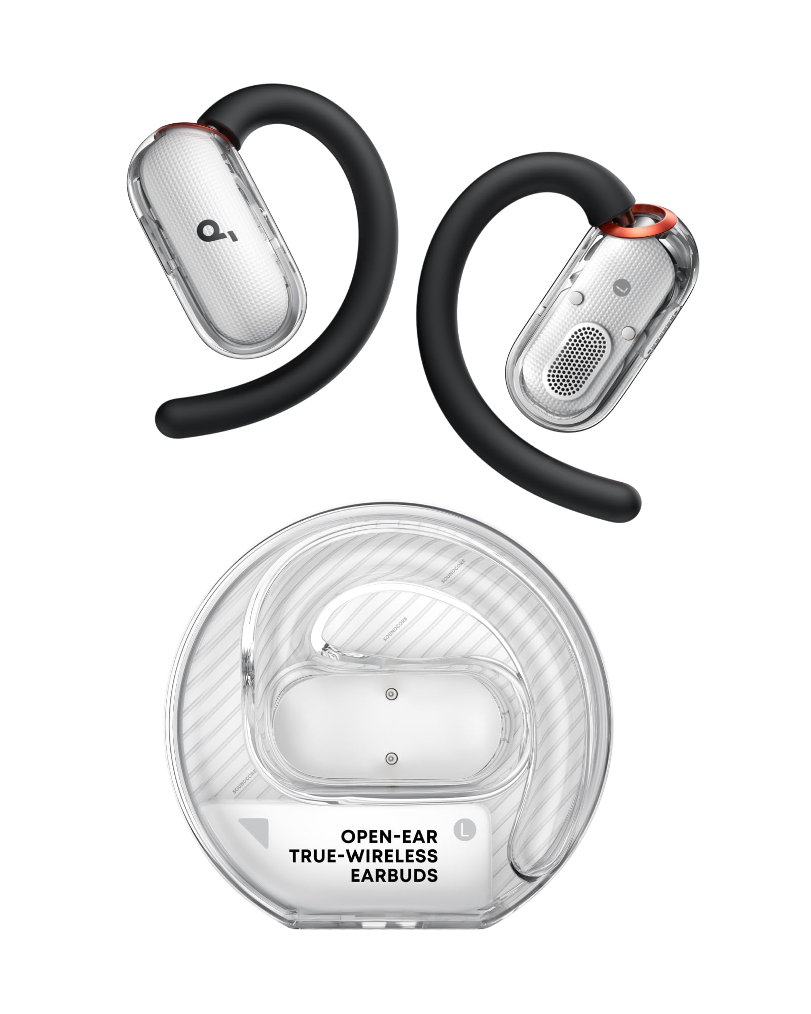 soundcore V40i by Anker, Open-Ear Kopfhörer, transparentes Case ohne Deckel, 4 einstellbare Positionen für Jede Ohrgröße, intensiver Bass, IP55, 21h Wiedergabe, Anrufe mit KI, Bluetooth 5.4, App