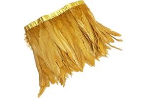 HAPPY FEATHER 2 Yards 8-10" Rooster Hackle Feather Fringe Trim, Sewing Craft Feather for DIY Decorations-Gold