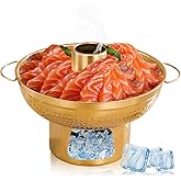 8.6 in 304 Stainless Steel Shrimp Cocktail Serving Dish, Groove Hotpot Chilled Serving Tray Gold with Ice Button, Cold Fruit 