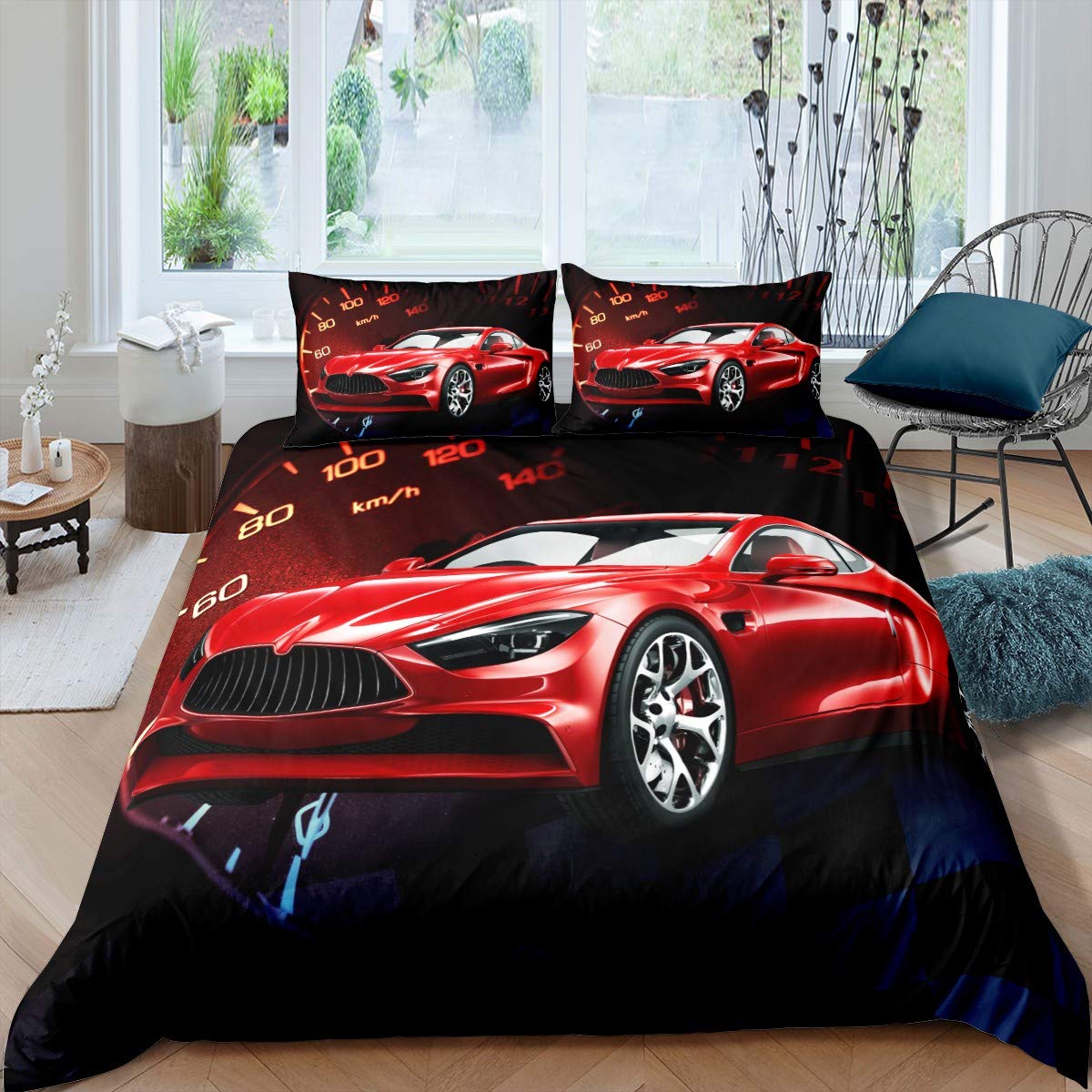 Race Car Bedding Set Red Sports Cars Duvet Cover Set for Kids Boys Girls Speed Racing Car Comforter Cover Cool Stylish Speedometer Design Quilt Cover with 1 Pillowcase 2Pcs Bedding Single — image 1