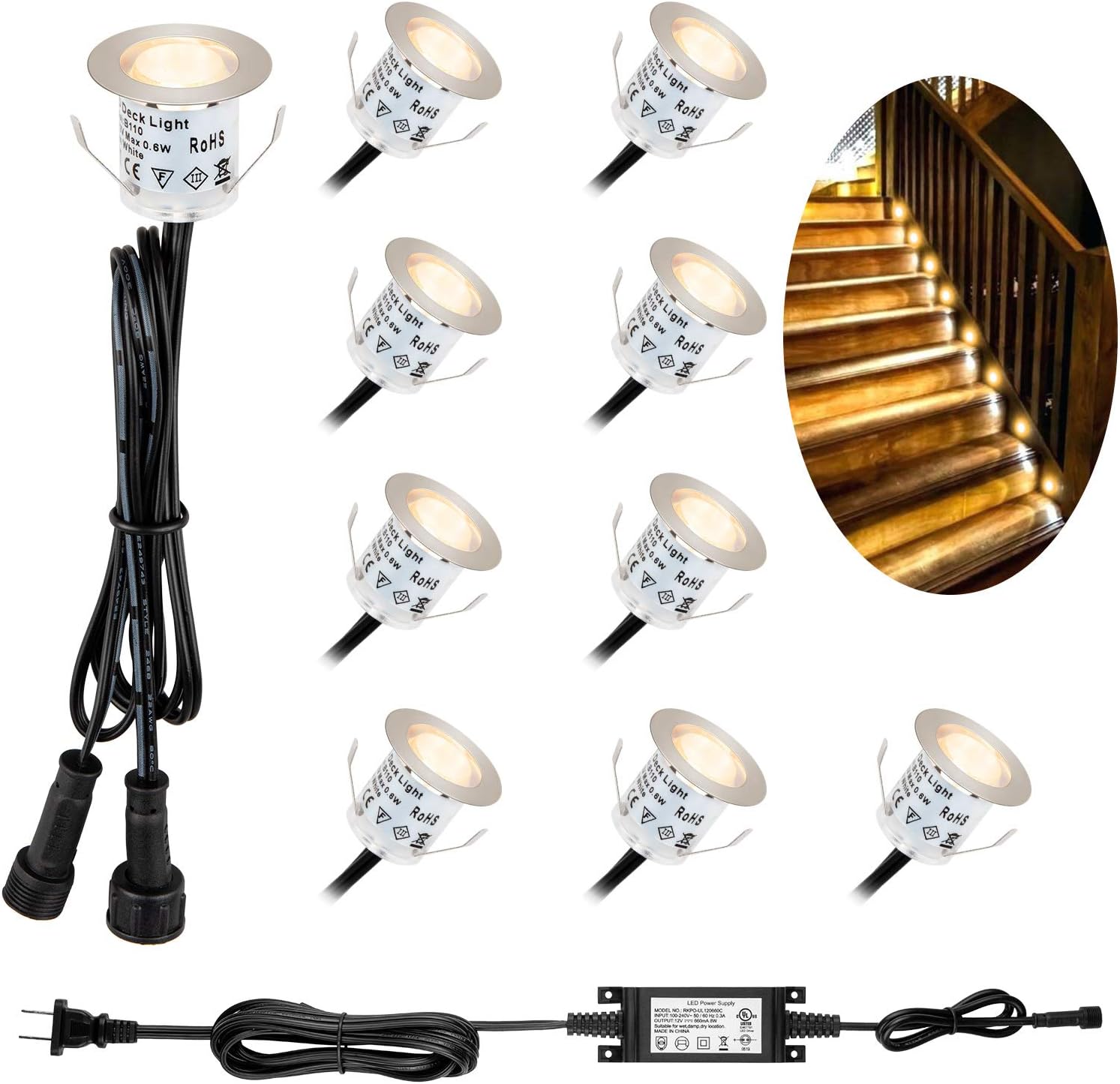 LED Deck Lights Recessed LED Deck Lighting 12V Low Voltage, 3000K Warm White, IP67 Waterproof, with Protective Shell for Indoor and Outdoor Garden, Patio, Steps, Driveway, Deck, Kitchen, Bathroom