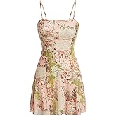 WDIRARA Women's Summer Boho Patchwork Print Spaghetti Strap Flared Short Cami Dress