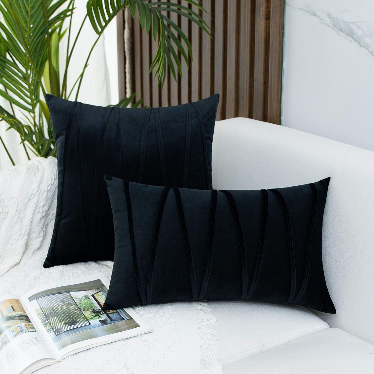JUSPURBET Decorative Velvet Throw Pillow Covers with Velvet Striped,Pack of 2 Cushion Covers for Sofa Couch Bed,20x20 Inches,Black: Home & Kitchen