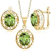 Gem Stone King 18K Yellow Gold Plated Silver 10X8MM Oval Gemstone Birthstone Greek Key Pendant and Earrings Jewelry Set For Women | With 18 Inch Chain