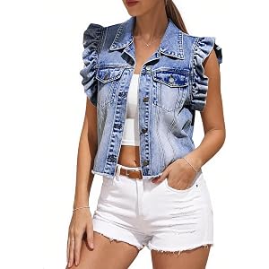 VigorFusion Women's Denim Vest, Ruffle Sleeve Button-Up Jean Jacket | Soft, comfortable fabric has no stretch, creating a nea