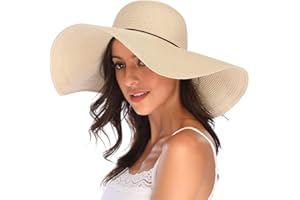 Lanzom Womens Wide Brim Straw Hat Big Floppy Foldable Roll up Cap Beach Sun Hat UPF 50+