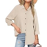 Neweek Womens Linen Button Down Shirts Casual Long Sleeve Loose Textured Collared Blouses Work Tops with Pocket