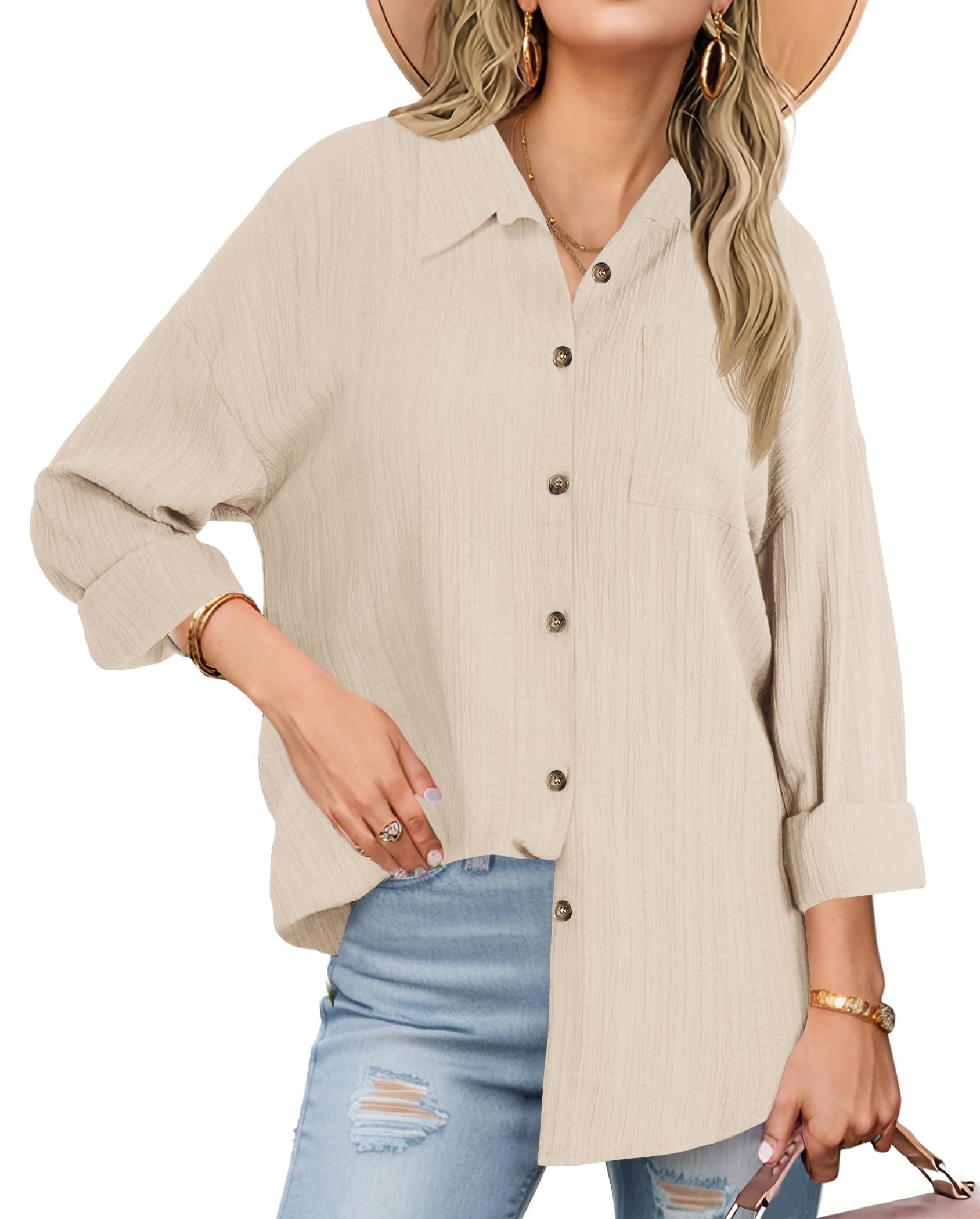 Photo 1 of Womens Long Sleeve Linen Shirt Apricot Button Down Shirt Casual Long Sleeve V Neck Collared Blouses Tops 2025 Trendy xl