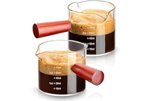 HLUKANA 2 Pack Espresso Measuring Cups Glass, Small Measuring Double Shot Glass with Wood Handle, Clear Glass Espresso Accessories, Coffee Measuring Cup, Espresso Shot Glass with V-Shaped Mouth, Milk Pitcher