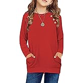 Girls Long Sleeve Shirts Crewneck Buttons Tops with Pockets
