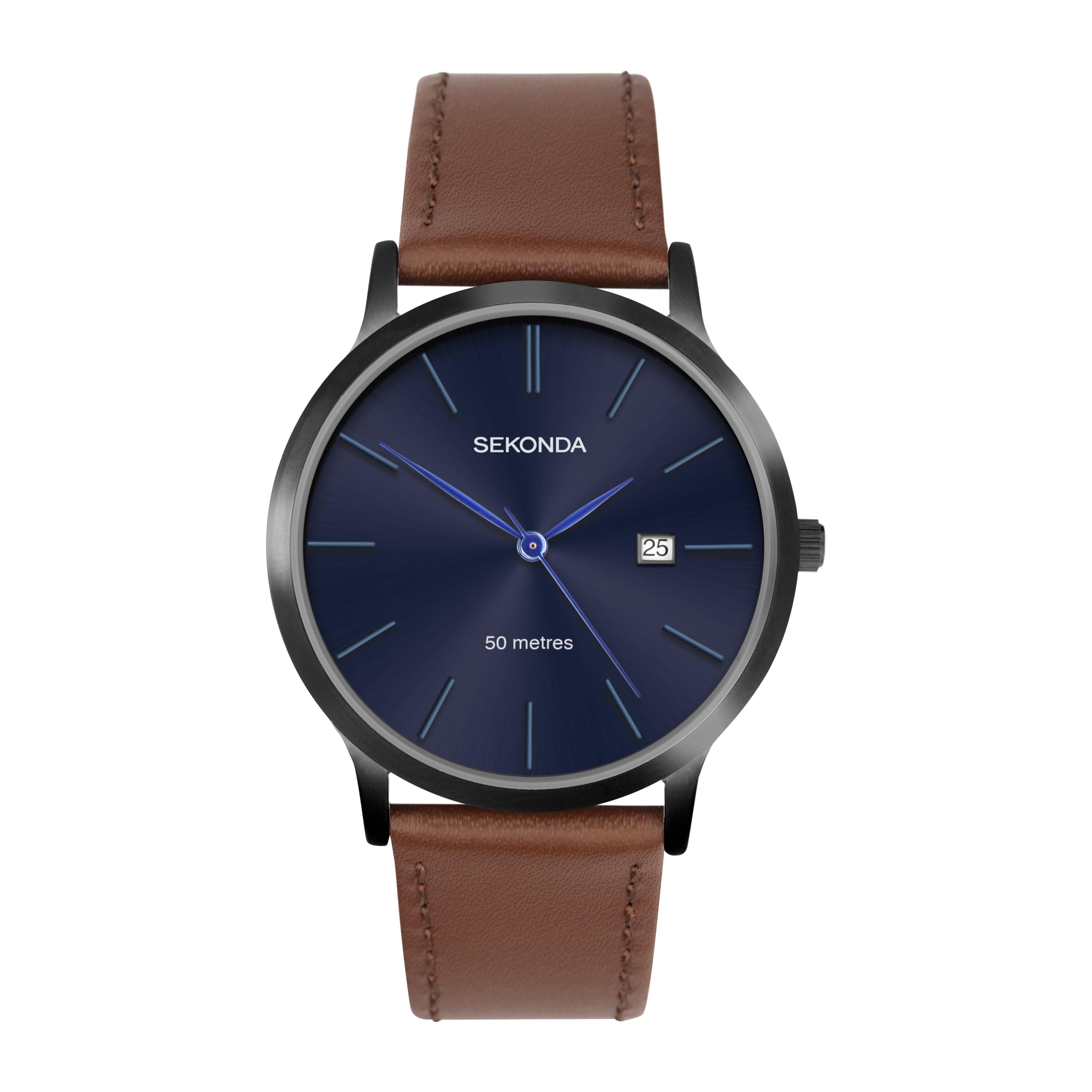Sekonda Mens 40mm Quartz Watch with Ionic Plated Black Case, Blue Dial and Brown Leather Strap 1775