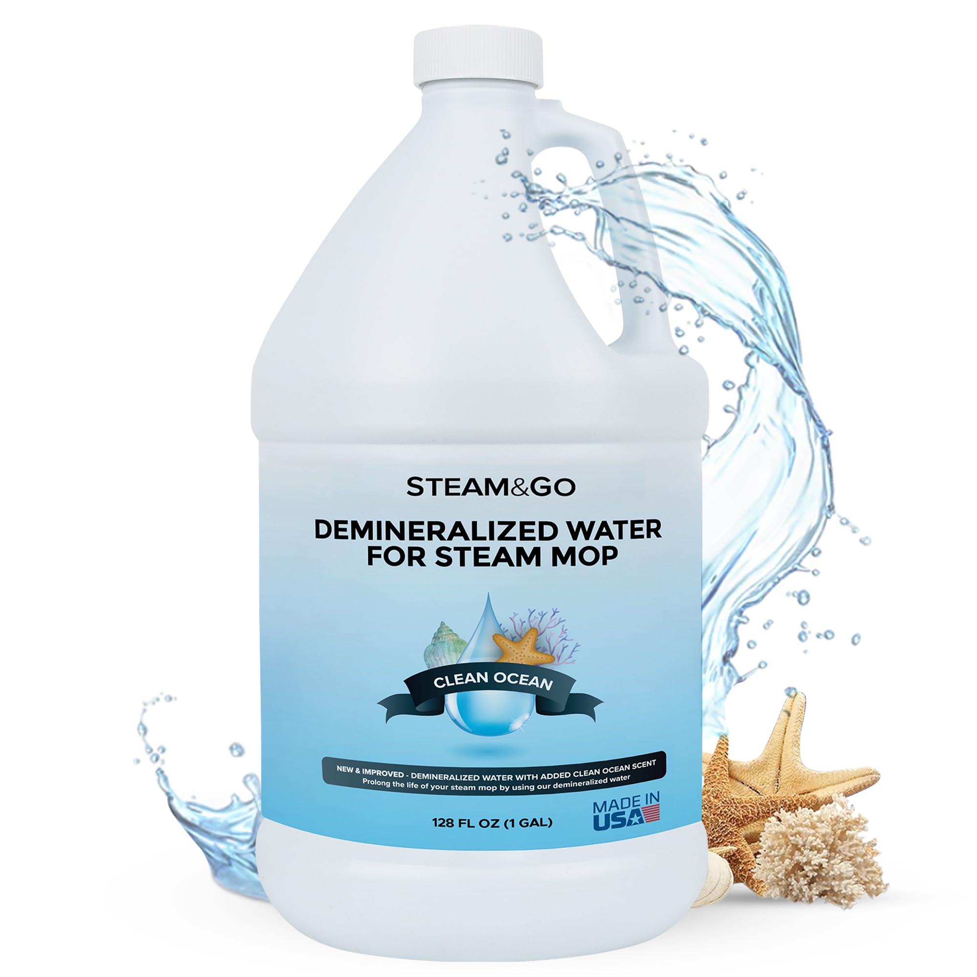 Steam & Go Demineralized Water - Multisurface Cleaner, PVC-Free Ready-to-Use for Mops & Floor Steamers - Ideal for Kitchen, Bathroom, & Home Surfaces - Clean Ocean Scent - 128 fl oz (1 gal)