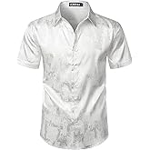 ZEROYAA Men's Shiny Luxury Silk Satin Jacquard Dress Shirt Short Sleeve Button Up Shirts for Party Prom
