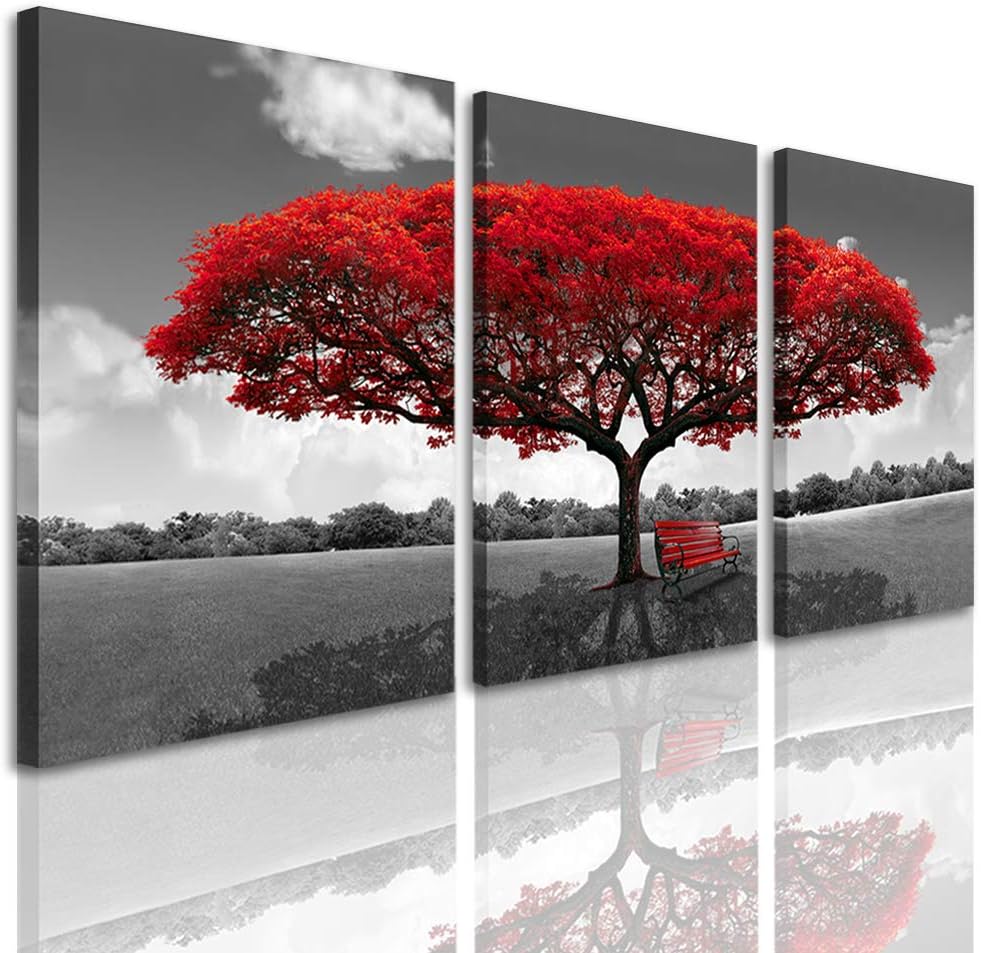 3 Panels Canvas Wall Art Red Tree Picture Prints on Canvas Landscape Painting Modern Giclee Artwork Stretched and Framed Ready to Hang Canvas Art for Home Decoration (20x28inx3pcs)