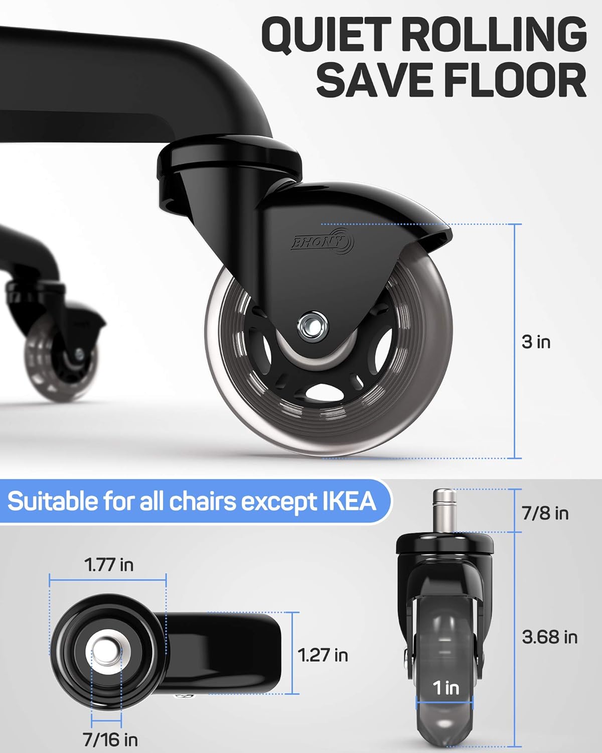 Office Chair Wheels Set of 5, BHONY 3" Swivel Caster Wheels Replacement, Heavy Duty Soft PU Stem Casters for All Floors and Carpets Including Hardwood : Office Products
