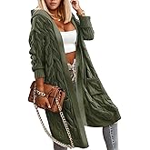 WIFFGO Lightweight Hooded Open Front Cardigan for Women Cable Knit Sweaters Pocketed Oversized Knee Length Long Coats Army Green