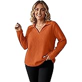 winkbay Women's Plus Size Collared V Neck T Shirts Fall Long Sleeve Ribbed Knit Dressy Casual Work Tops